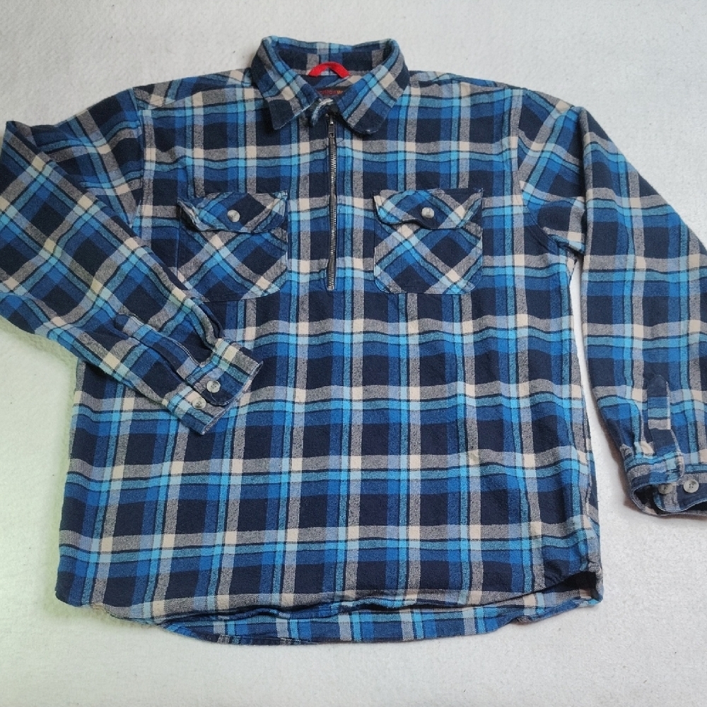 Americaware Flannel Shirt Mens 1/2 Zip Pullover XL Blue Plaid Work Wear
